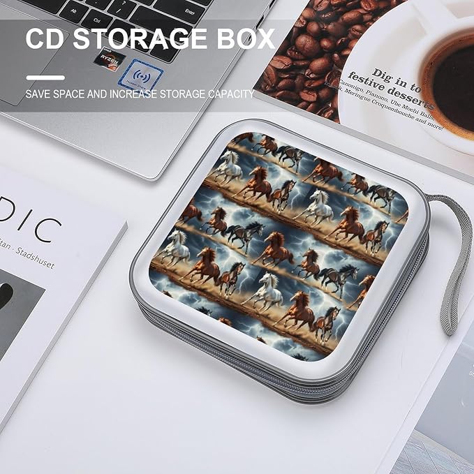 Hard Plastic Protective CD Case Running Horse, 40-Disc Capacity Storage Binder with Zipper, Portable Organizer for Home Office