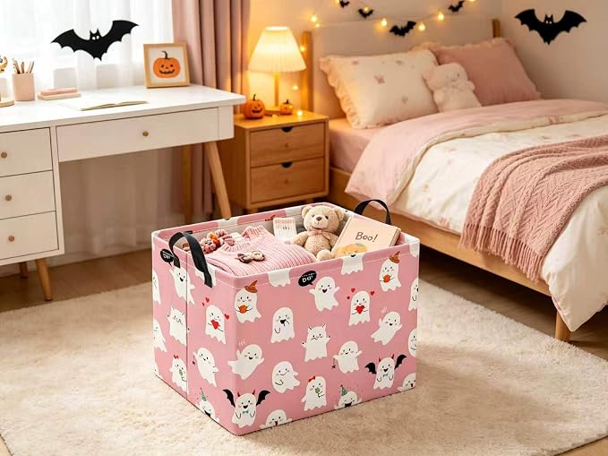 Halloween Basket Cute Baskets for Kids Pumpkin Basket Rectangular Storage Bin Organizer Box Room Decor(Pink Ghosts)
