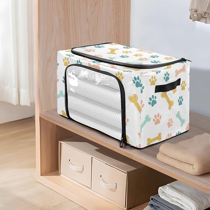 Pet Paw White print Under Bed Storage Containers with Double Zipper Openings, Foldable Clothes Storage Bins with Clear Window and Handles for Comforters Bedding Blankets