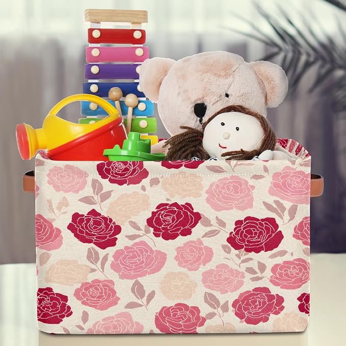 Pardick Roses Pink Flower Basket Storage Bins Large Fabric Toys Storage Cube Box with Handles Collapsible Closet Shelf Cloth Organizer Basket for Nursery Bedroom Bathroom Holiday Gift