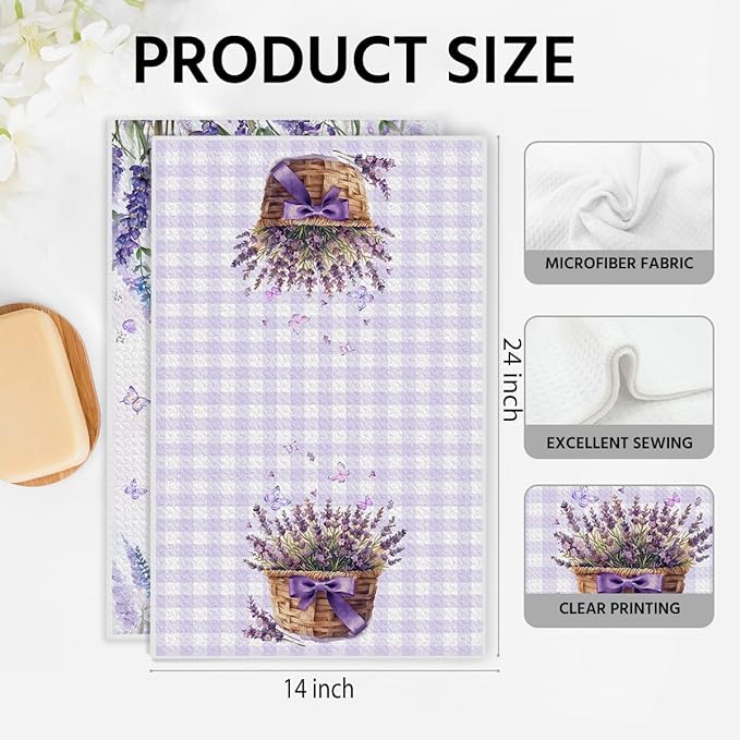 Lavender Purple Flower Kitchen Towels, Quick Dry Multipurpose Waffle Weave Hand Towels for Bathroom, Absorbent Reusable Cloth Tea Dish Towels for Home Decor, Lavender Lover Gift Towel Set of 2