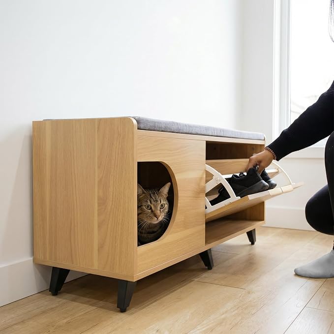 4 Cats & Dogs Tucker Shoe Cabinet – Multi-Functional Crate with Cushioned Bench Seat, Pet Nook & Hidden Cat Litter Box Storage, Modern Hallway Furniture 43” x 14” x 20” - Oak