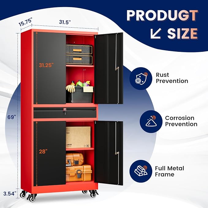 Metal Garage Storage Cabinet with Locking Doors and Adjustable Shelves,- 73" Rolling Tool Storage Cabinet with 4 Wheels and 1 Drawer for Garage,Warehouse (Red Black)