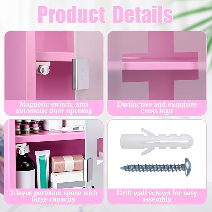 Timgle First Aid Wall Cabinet with Lock Medicine Wall Mounted Bathroom Storage Hanging Medical Cabinet with Safety Glass Door for Bathroom (2 Shelves,Pink)