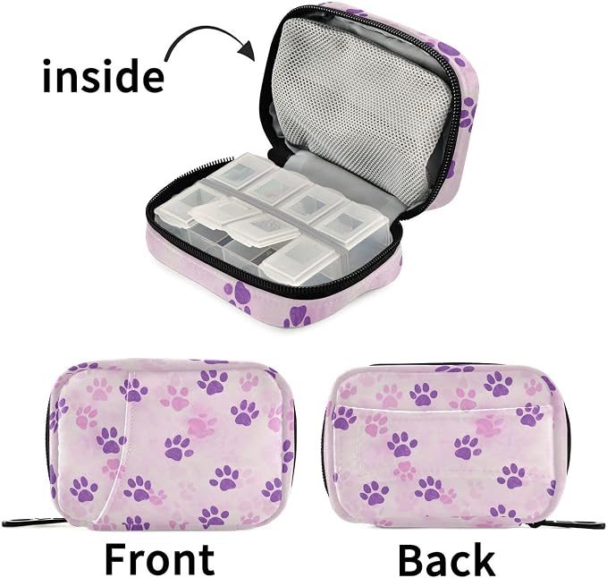 Fustylead Cute Pink Purple Dog Cat Paw Prints Pill Organizer and Storage Weekly with Zipper, Removable Pill Box Portable Medicine Organizer for Vitamin Fish Oil Supplement