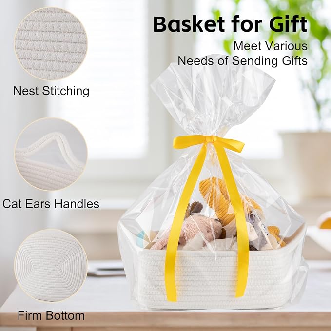 OIAHOMY 7L Woven Basket, Gift Basket Empty with Gift Bags and Ribbons, Rope Baskets for Baby Showers, Storage Baskets with Handles for Nursery, Pet Toy Organizer - White
