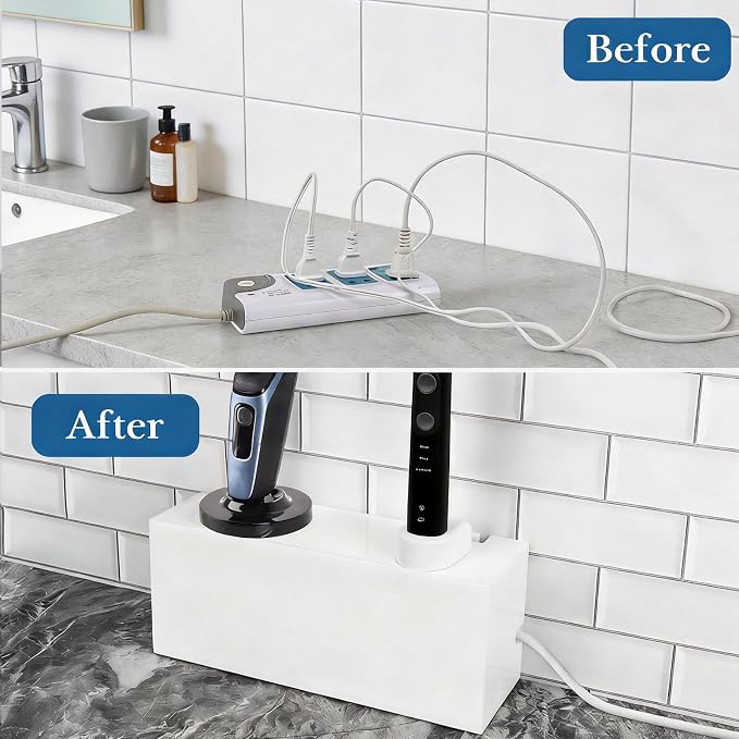Linkidea Acrylic Cable Organizer Box for Bathroom Countertop, Cord Management for Electric Toothbrush & Razor Chargers, Fits 1-2 Small Charging Heads Only (White)