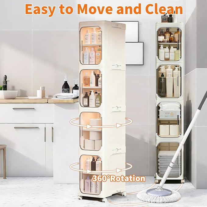 4-Tier Slim Bathroom Storage Cabinet, Tall Narrow Storage Cabinet with Movable Wheels, Adjustable Shelves, Skinny Bathroom Storage Organizer for Small Space, Bathroom, Kitchen, Laundry, Cream White