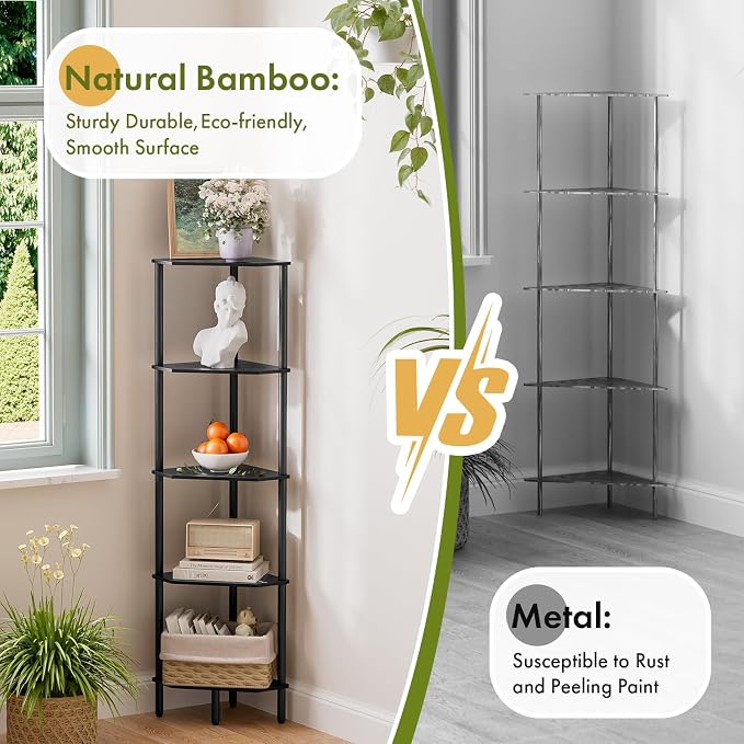 5-Tier Black Corner Shelf, Bamboo Corner Bookshelf, Indoor Plant Shelf, Kitchen Free Standing Shelf Storage Organizer, Tall Narrow Bookcase for Small Spaces, Bedroom, Living Room, Office