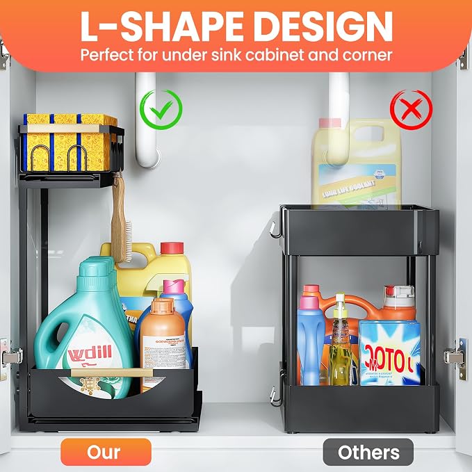Under Sink Organizer and Storage for Bathroom and Kitchen - 2 Pack 2 Tier | Cabinet Pull Out Shelf Organizers - Slide Out Drawer Organization for Home Cabinets Shelves and Drawers