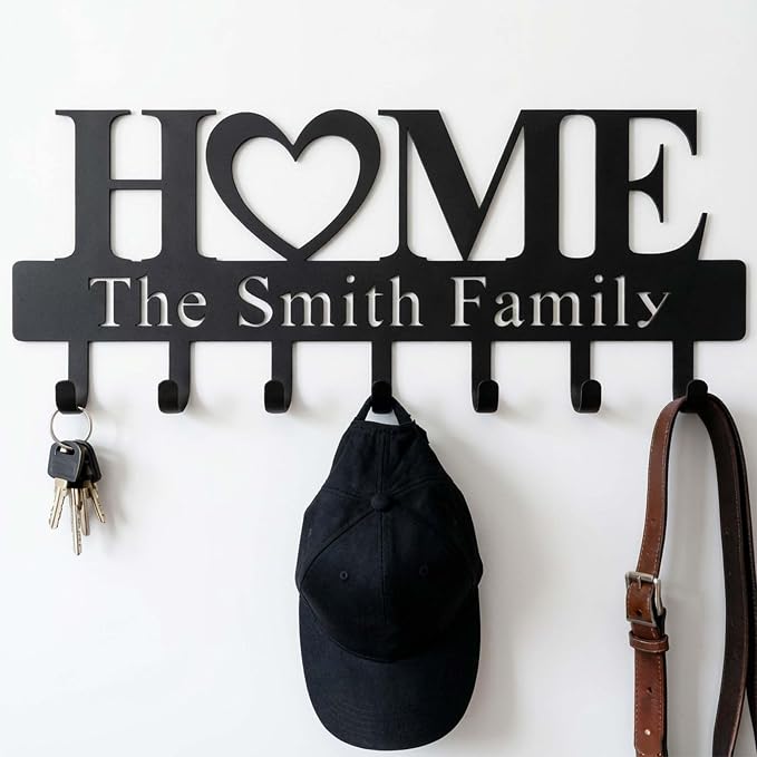Jceydefy Personalized Key Holder for Wall, Custom Metal Key Hooks with Family Name, Entryway Coat Hook Rack, Leash Collar Hook, Pet Dog Leash Holder, Hooks Organizer