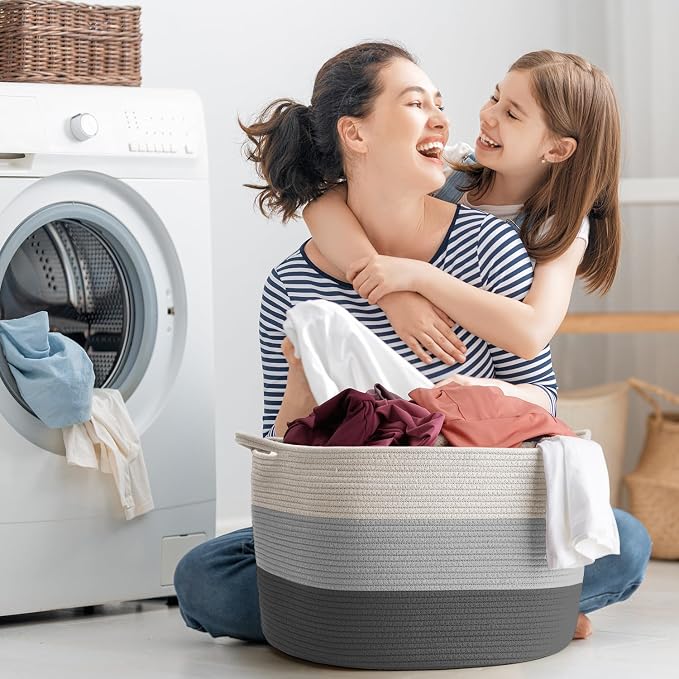Maliton Woven Rope Blanket Basket Living Room, Storage Basket for Toy, 90L | 22x22x14 cotton rope basket. Holds blankets, toys & towels & laundry. For bedroom, nursery, bath & playroom. Soft & durable.