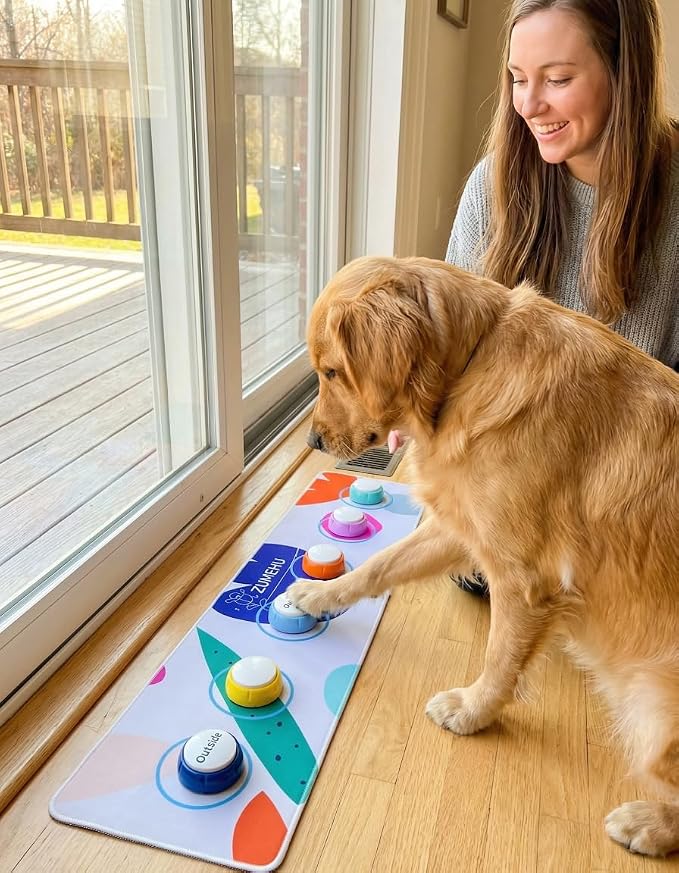 Dog Communication Buttons Mat with 6 Fixed Buttons Placement, 27 Pairs Hook and Loop Fasteners, Non-Slip Pet Button Pad, Dog Talk Buttons Organizer for Cat & Dog Training Communication Buttons