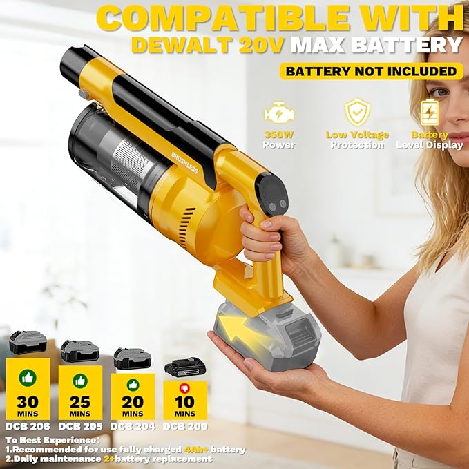 Cordless Vacuum Cleaner Compatible with DeWalt 20V Battery, 8-in-1 Stick Vacuum with Pet Brush, 35KPA Suction, 350W Brushless Motor, Smart Touchscreen, for Carpet Floor Car (Battery Not Included)