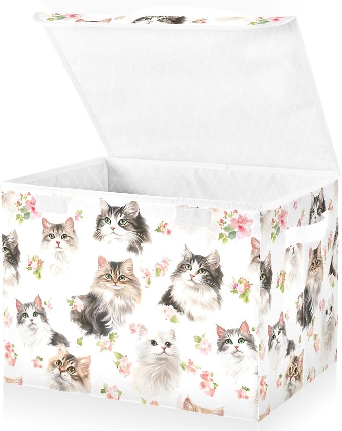 Cartoon American Curl Cats White Storage Containers Storage Organizer Bins With Lid for Sheet Kids Room