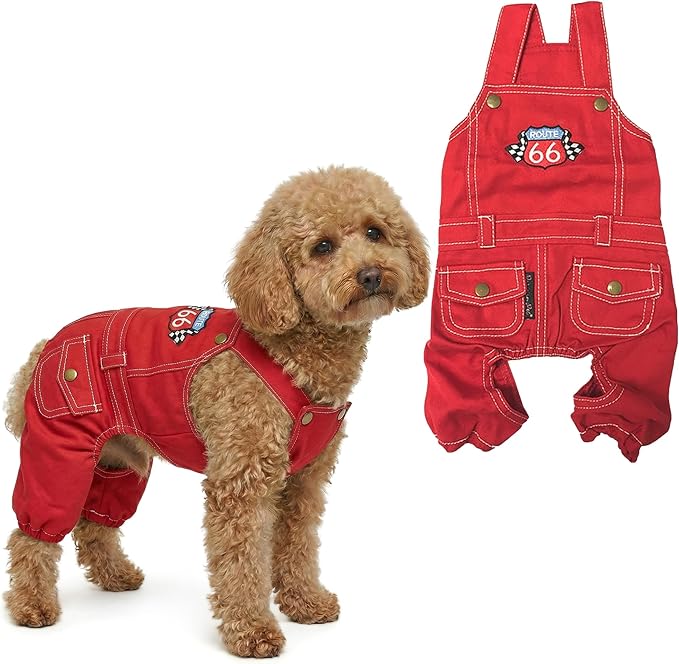 Parisian Pet Red Dog Overalls - Route 66 Denim Dog Clothes - Breathable Sling Puppy Jumpsuit - Durable and Trendy Overalls for Dogs - Comfortable Jeans Dog Clothes for Large Dogs - Classy Pet Apparel