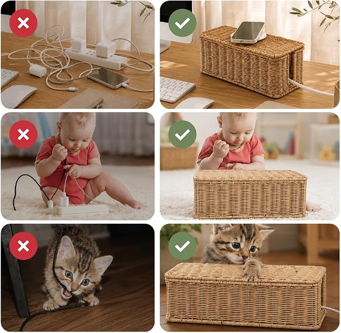 Cable Management Box, Handmade Rattan Cord Organizer for Power Strip | Open Slots Cord Hider for Power Strip, Router & USB Hub, Registered U.S. Design Patent