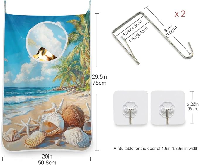 2PCS Hanging Laundry Hamper Bag Over the Door Laundry Hamper Wall Hamper Large Dirty Clothes Hamper with Stainless Steel Hooks 29.5x20Inch Shells White Beach Blue