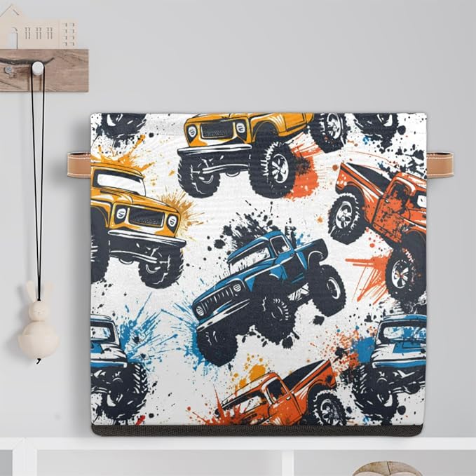 Monster Truck Car Cube Storage Bin, 13 Inch Collapsible Fabric Storage Cubes Bin, Foldable Cube Baskets for Shelf, Closet, Organizer