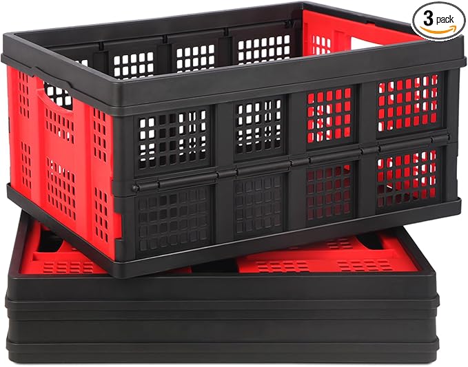 55L Collapsible Storage Bins with Handle 3 Packs, | Stackable Platic Storage Crates for Organizing Tools, Books, Food, Drinks, Camping & Home