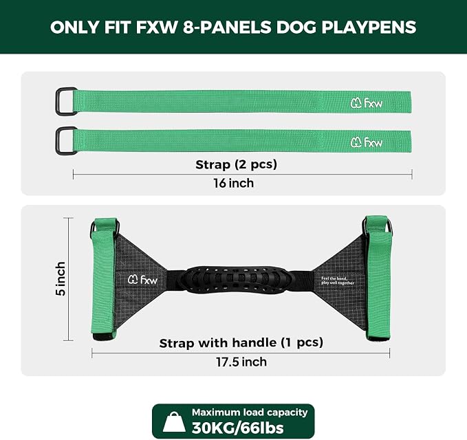 FXW Easy Carry Straps for Dog Playpen, Designed for RV Trips, Green | For 8 Panels Playpen, Comfortable Grip, Patent Pending, Playpen Not Included