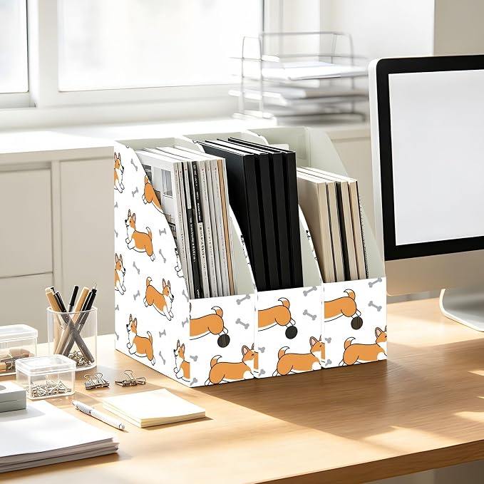Emelivor Cute Pets Dogs White Pattern Magazine Holder Set of 3 Desk File Organizer Water-resistant Vertical Folder Holder with Labels for Office Organization File Box for Classroom Home Library