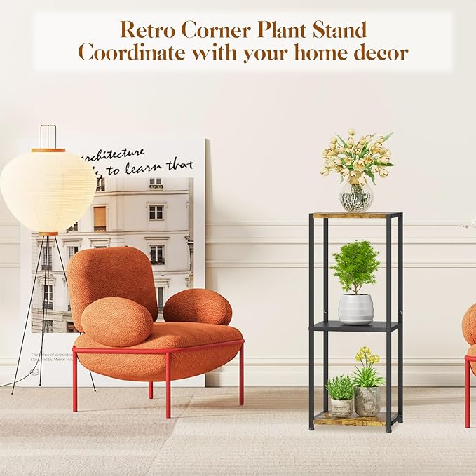 KMOTASUO 3 Tier Metal Plant Stand Tall for Indoor Outdoor Corner | Heavy Duty Flower Holder Rack, Modern Vertical Iron Shelf for Patio Bathroom Office Garden