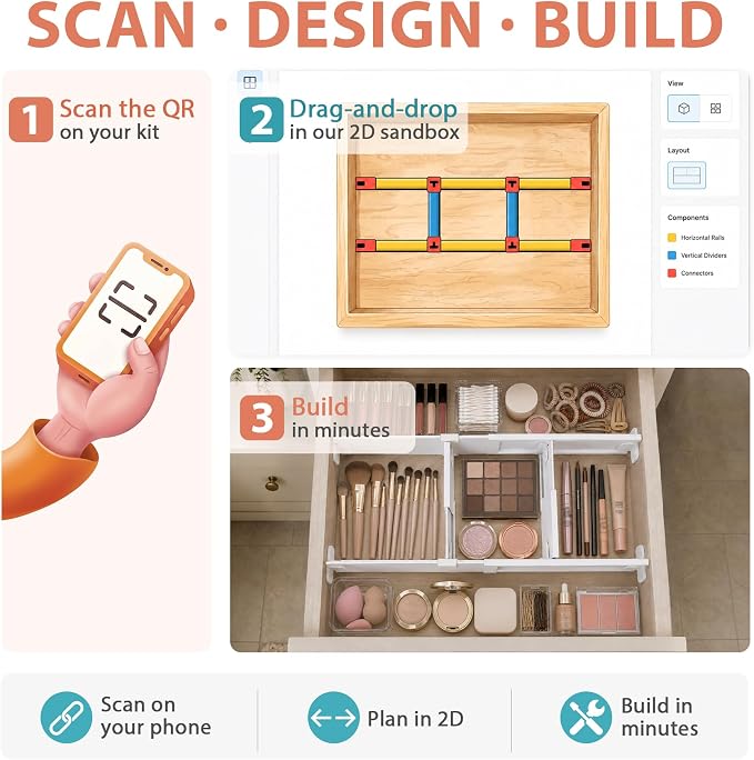 Adjustable Drawer Dividers for Small & Junk Drawers - Standard Kit | Double set + 2 extra panels; slim interlocking grid for vanity, desk & bathroom; 3D guide shows where pieces go; tool-free