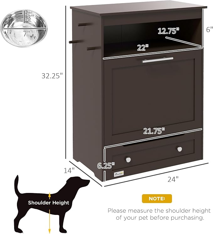 Pet Feeder Station with Pull-Out Drawer and Elevated Bowls, Hidden Pet Food Storage Cabinet with Side Hooks, Pet Supplies Organizer for Dogs Cats, Brown