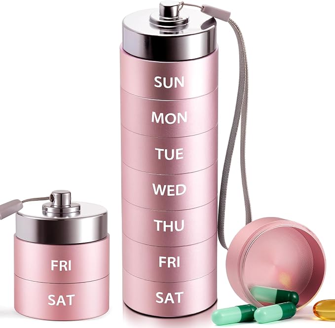 Metal Large Pill Organizer, Travel Weekly Pill Box, 7 Day Pill Container | OUVBTX Portable Aluminum Alloy Waterproof Case, 7 Day Daily Medicine Organizer Holder for Vitamin, Fish Oil, Supplement, Pink