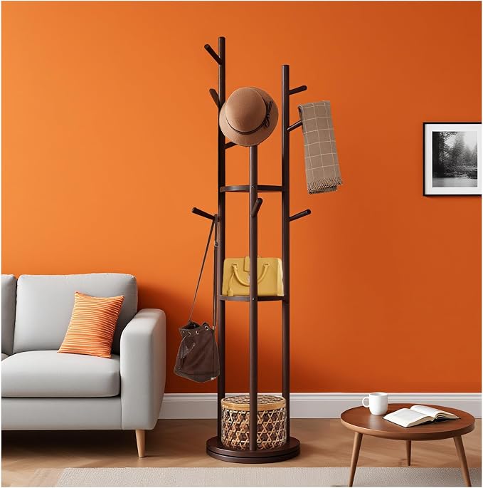 Wooden Freestanding Coat Rack with 9 Hooks&3 Rotating Storage Trays,Free Standing Coat Rack Tree with Rotatable Design,Coat Tree Freestanding for Hanging Clothes,Clothing Rack for Entryway Bedroom