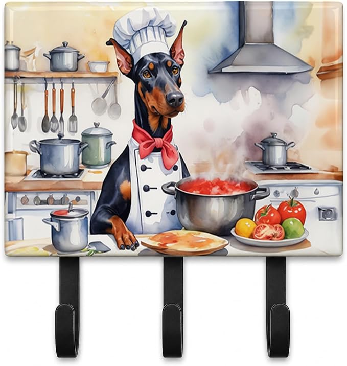 Caroline's Treasures Doberman Pinscher The Chef Leash or Key Holder Wall Hooks, Key Hooks Holder, Coat Rack Wall Mount, Coat Hooks, Hooks for Hanging Keys, Towels, Aprons, Leashes | Doberman Pinscher The Chef artwork on ceramic tile with three steel ho...