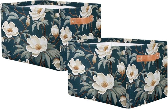 White Rose Leaves Rectangular Storage Bin Collapsible Storage Basket Organizer Boxes with Leather Handle Storage Cube for Shelves Toy Laundry Nursery 2 PC