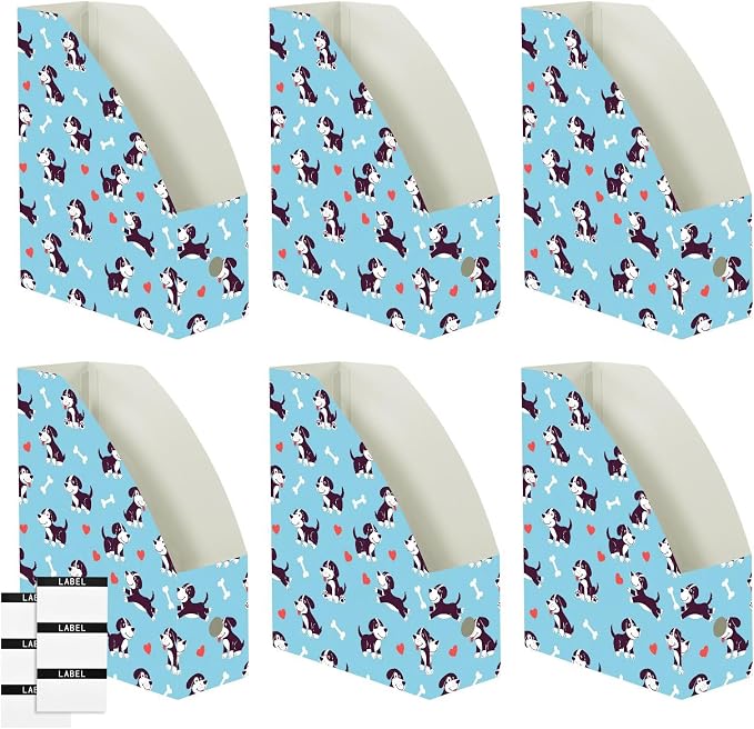 SPRIPORT Cute Pets Puppies Blue Print Water Repellent PP Magazine File Holder Organizer for Desk, Collapsible Storage Rack for Office Library School Document Sorter with Labels 23x30x10cm (3 Pack)