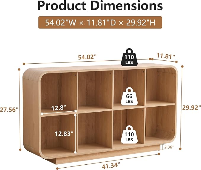 Cube Storage Organizer with Base, 8 Cube 2-Tier Bookcase, Wooden Floor Standing Storage Shelf with Rounded Corners, Anti-Tip Kit, Low Lattice Organizer for Home Office Living Room, Natural