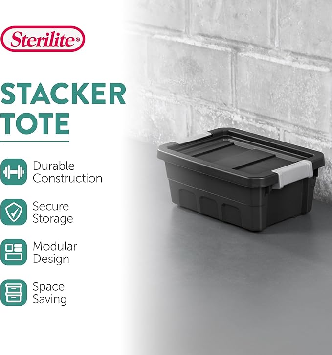 Sterilite 18-Pack Plastic Storage Bins with Lids, Stackable Containers, 4 Gallon, Black