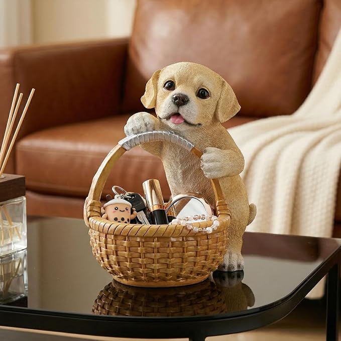 Unique Golden Retriever Gifts, Resin Puppy Statue Storage Basket for Desk, Decorative Key Bowl for Entryway Table, Candy Dish & Funny Decor