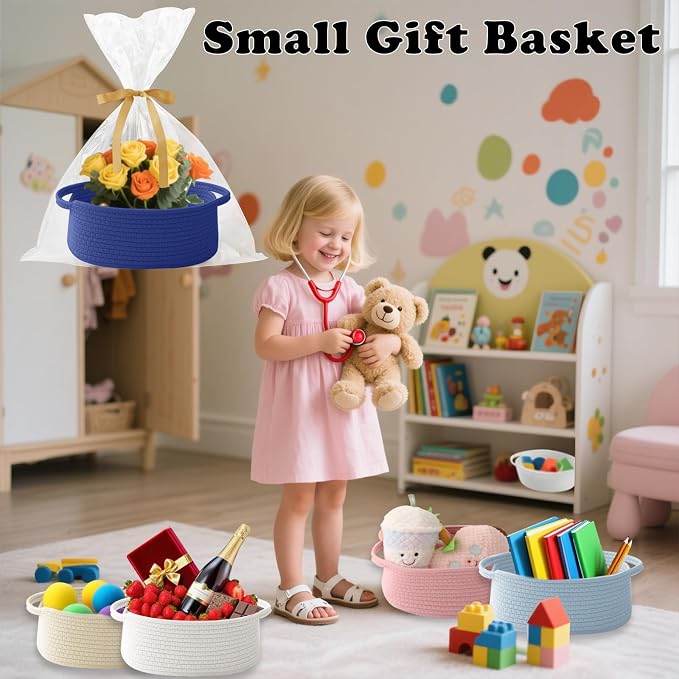 Royal Blue Woven Rope Basket,Baby Gift Basket with Bag & Ribbon | Cotton rope with handle, 12x8x5 in, gift bag and ribbon, for baby shower, birthday, toy storage, nursery, shelf decor
