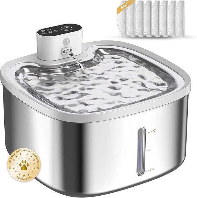Cat Water Fountain Stainless Steel Wireless 118oz/3.5L–Cordless Battery-Operated Pet Water Dispenser with All-in-One Rechargeable Pump, Quiet Indoor Fountain for Cats & Dogs (Fountain+8Filters)