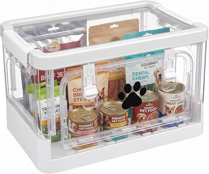 Collapsible Dog Storage Organizer, Clear Dog Treat Container with Cover, Plastic Pet Stuff Organizer with Front Opening Door, Ideal for Organizing Dog Cat Snack, Toys, Supplements, Can Food