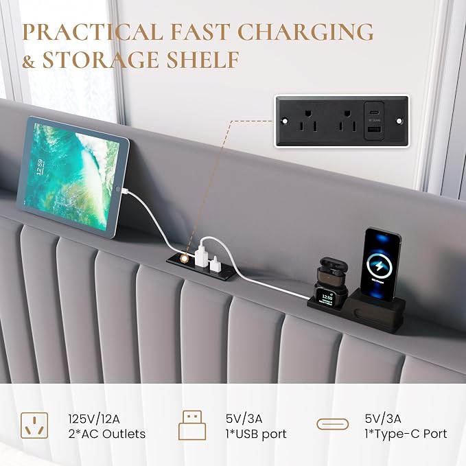 SHA CERLIN King Size Lift Up Storage Bed Frame, Charging Station, Grey | Storage Headboard with Charging Station, USB, Type-C Port Velvet Hydraulic Storage Bed No Box Spring Needed Noise Free