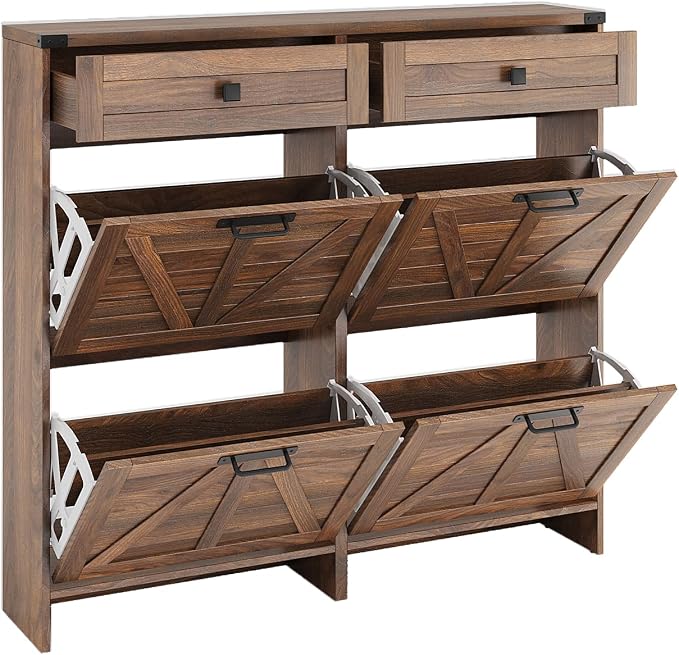 Halitaa Shoe Cabinet with 4 Flip Drawers & 2 Drawers,Farmhouse Shoe Storage Cabinet for Entryway,Slim Freestanding Organizer Rack for Front Door Entrance,Dark Walnut