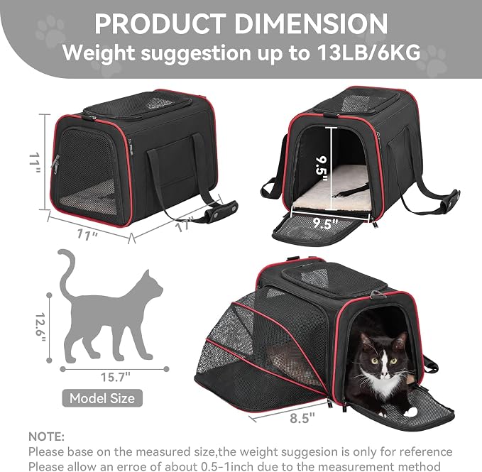 Petsfit Medium Expandable Cat Carrier for Air Travel, Up to 13 lb | 17 x 11 x 11 in; sized for Delta Air Lines, with locking zippers, a handy D-ring, large pocket and multi-side ventilation.