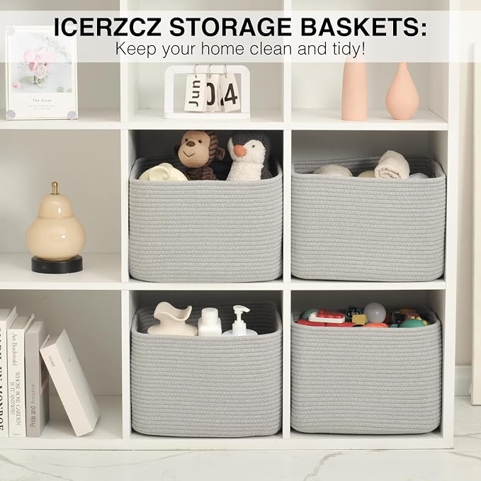 ICERZCZ Storage Baskets for Organizing & Shelves, Woven Cotton Rope Organization Bins for Dog Toys, Clothes, Books, Nursery Organizer, 15"Lx11"Wx9.5"H, (4 Packs) Grey