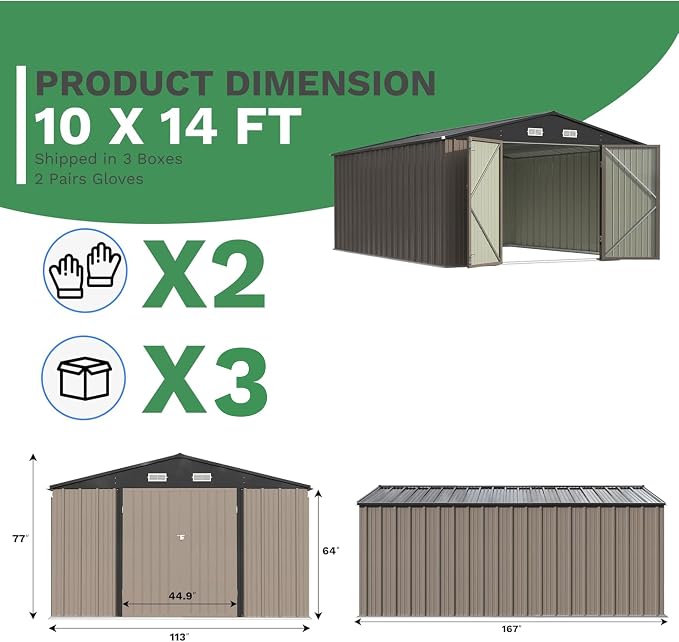 Patiowell 10x14 FT Outdoor Storage Shed, Brown | Garden Metal Shed, Lockable Doors, Sloping Roof, Large Outside Utility Tool Sheds For Backyard Garden Patio