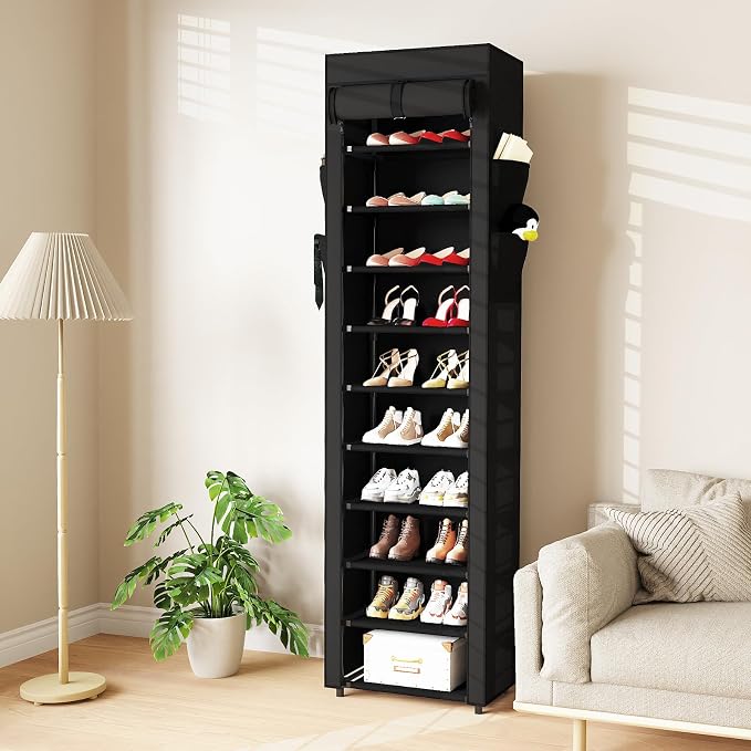 Shoe Rack with Cover, 10 Tier Tall Shoe Organizer for 18-22 Pairs of Shoes | Shoe Organizer with 4 Side Pockets, Shoe Cabinet for Entryway, Closet