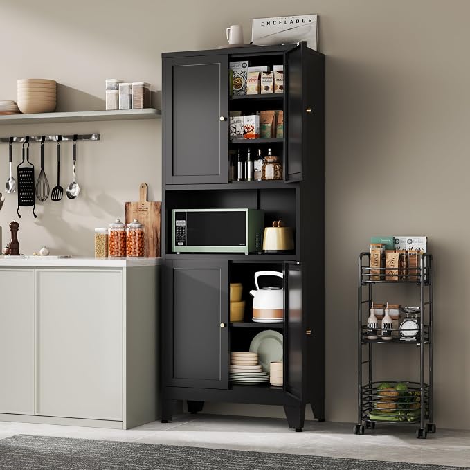 YAUWOH 69" Tall Metal Pantry Cabinet with Microwave Shelf, 4 Doors & 3 Adjustable Shelves, 120LBS Per Shelf Heavy Duty Storage Cabinet with Anti-Tip Design for Kitchen,Dining Room (1PC,Black)