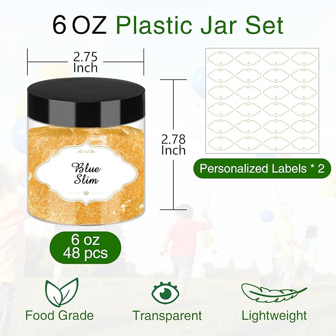 PeacePeo 6 OZ Plastic Jars with Lids,48 Pcs Round Containers for Slime | Wide-Mouth Storage Jars with Black Screw on Airtight Lids, Empty Refillable, Save-Sapce, for Travel Kitchen Food Storage