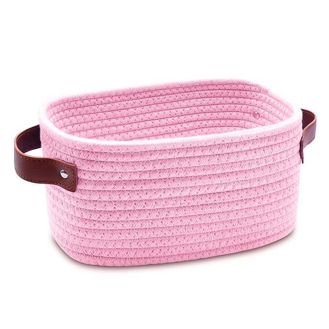ABenkle Small Storage Basket, Mini Baskets with Handle, Cute Cotton Woven Baskets for Shelves, Boho Decorative Toy Storage Bin for Nursery, Spa, Empty Gift Basket - XS, Pink