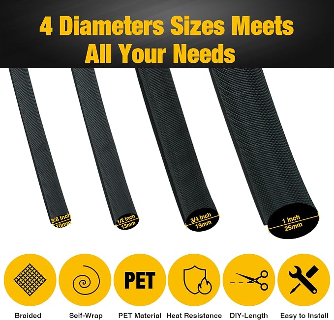 118 Inch Split Braided Sleeve Cable Management,Heat Resistant Automotive Wire Loom,Cord Protectors Electronic Cable Organizer (1/2"-10ft)